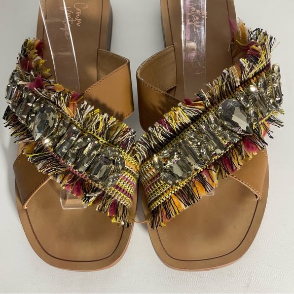 Crown Vintage Somaya Fringe Boho Jeweled Slip on Leather Open Toe Sandals Tan 9M - Picture 7 of 16